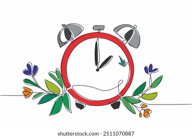 Reloj de alarma de dibujo de una sola línea muestra las 2 en punto con hojas y flores. Esperando el cambio de hora. Prepárese creando un recordatorio. Horario de verano. Ilustración gráfica de diseño de línea continua