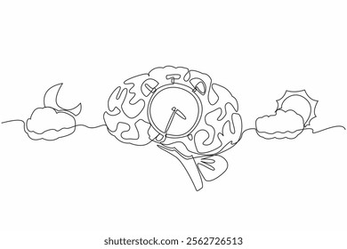 Single one line drawing alarm clock in the middle of the brain with cloudy sun and cloudy crescent moon. Natural biological rhythms. Biological Clock Day. Continuous line design graphic illustration