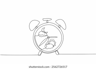 Single one line drawing alarm clock which has a picture of a cloudy crescent moon and a picture of a cloudy sun. Circadian rhythm. Biological Clock Day. Continuous line design graphic illustration