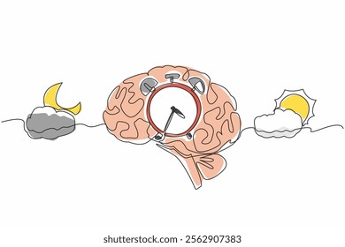 Single one line drawing alarm clock in the middle of the brain with cloudy sun and cloudy crescent moon. Natural biological rhythms. Biological Clock Day. Continuous line design graphic illustration