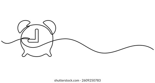  Single one line drawing alarm clock which has a picture of a cloudy crescent moon and a picture of a cloudy sun. Circadian rhythm. Biological Clock Day. Continuous line design graphic illustration.
