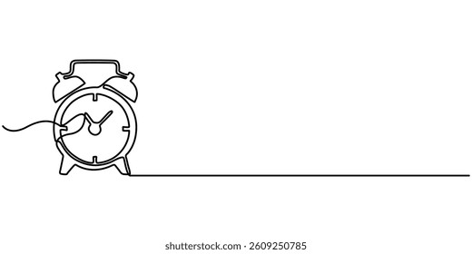 Single one line drawing alarm clock which has a picture of a cloudy crescent moon and a picture of a cloudy sun. Circadian rhythm. Biological Clock Day. Continuous line design graphic illustration.