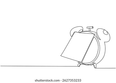 Single one line drawing alarm clock with memo paper attached. Deadline reminder message is getting closer. The important sticky notes. National Memo Day. Continuous line design graphic illustration