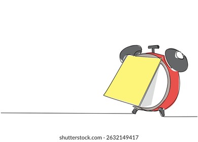 Single one line drawing alarm clock with memo paper attached. Deadline reminder message is getting closer. The important sticky notes. National Memo Day. Continuous line design graphic illustration