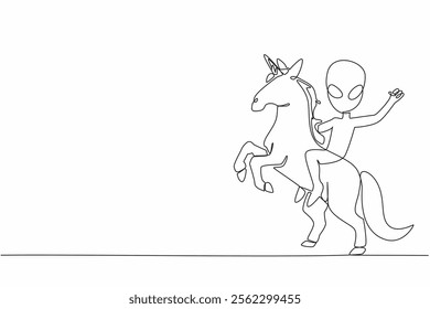 Single one line drawing alien riding a unicorn. Aliens really enjoy making friends with unicorns. Friendship in space. Mystery story. Cute. Myth. Alien Day. Continuous line design graphic illustration