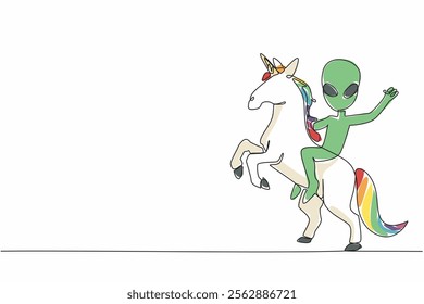 Single one line drawing alien riding a unicorn. Aliens really enjoy making friends with unicorns. Friendship in space. Mystery story. Cute. Myth. Alien Day. Continuous line design graphic illustration