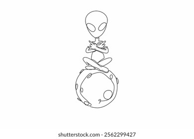 Single one line drawing aliens sitting on the moon. Telepathic movements. Talking from the heart with other extraterrestrials. Looking wider. Alien Day. Continuous line design graphic illustration