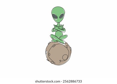 Single one line drawing aliens sitting on the moon. Telepathic movements. Talking from the heart with other extraterrestrials. Looking wider. Alien Day. Continuous line design graphic illustration