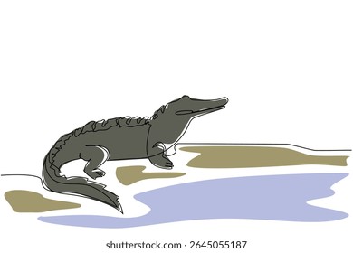 Uma única linha desenhando jacaré na superfície do pântano. Como um logotipo famoso. Muito icônico. Marca cara. O predador. Dia Nacional do Jacaré. Ilustração gráfica de design de linha contínua