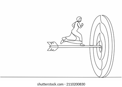 Single One Line Drawing Ambition Arab Businesswoman Run To Bullseye With Dart. Reach Target Success. Business Metaphor. Successful Business Concept. Continuous Line Design Graphic Vector Illustration