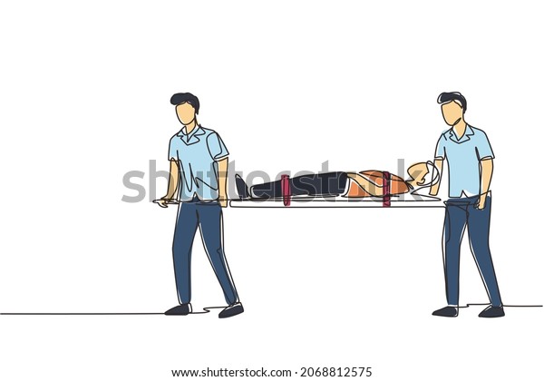 Single one line drawing ambulance emergency\
medical service. staff is carrying patient in stretcher. Emergency\
doctor carrying man on stretcher. Continuous line draw design\
graphic vector\
illustration