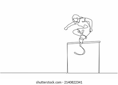 Single one line drawing amputated young female athlete jumping, running over hurdle. Disability games with hurdle race. Disabled sport concept. Continuous line draw design graphic vector illustration