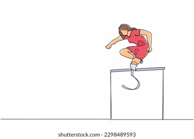 Single one line drawing amputated young female athlete jumping, running over hurdle. Disability games with hurdle race. Disabled sport concept. Continuous line draw design graphic vector illustration