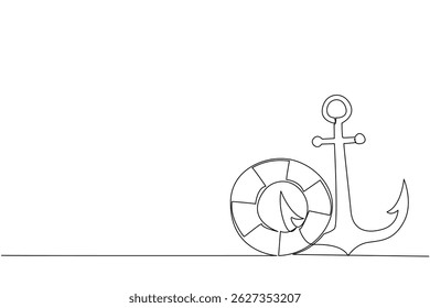 Single one line drawing anchor and lifebuoy side by side. Two important components in ship mooring. Prevents the ship from drifting. National Maritime Day. Continuous line design graphic illustration