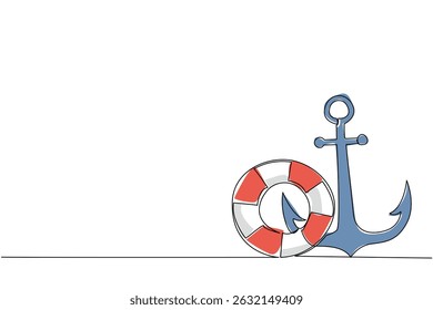 Single one line drawing anchor and lifebuoy side by side. Two important components in ship mooring. Prevents the ship from drifting. National Maritime Day. Continuous line design graphic illustration