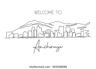 Single one line drawing Anchorage city skyline, Alaska. Famous city for wall decor print. Best holiday world travel destination. Editable stroke continuous line draw design graphic vector illustration