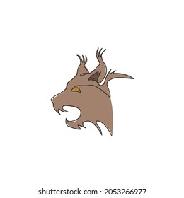 Single one line drawing of angry lynx cat head for company logo identity. Big cat predator mascot concept for national zoo icon. Modern continuous line draw design vector graphic illustration