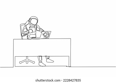 Single one line drawing of angry young astronaut breaks his laptop computer hitting it with clenched fist at working desk. Cosmic galaxy space. Continuous line draw graphic design vector illustration