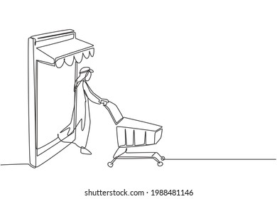 Single one line drawing Arab man coming out of canopy smartphone screen pushing a shopping cart. Digital lifestyle consumerism concept. Modern continuous line draw design graphic vector illustration