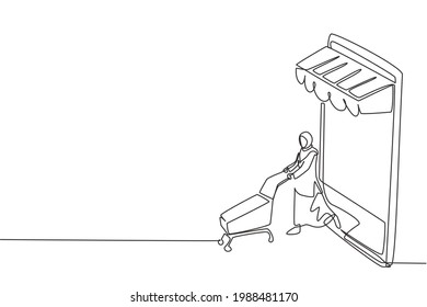 Single one line drawing Arab woman coming out of canopy smartphone screen pushing a shopping cart. Digital lifestyle consumerism concept. Modern continuous line draw design graphic vector illustration