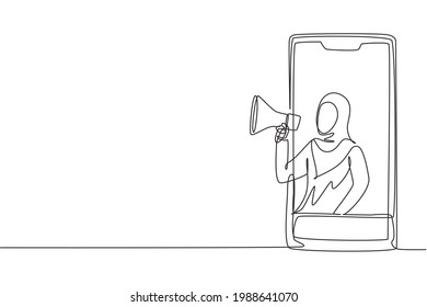 Single one line drawing Arab woman coming out of smartphone screen holding megaphone. Offering product with discounts or sale concept. Modern continuous line draw design graphic vector illustration