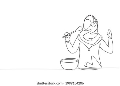 Single one line drawing Arab housewife begin prepare family dinner singing like rock star with kitchenware and overjoyed music playlist. Modern continuous line draw design graphic vector illustration