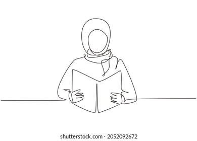 Single One Line Drawing Arab Girl Reading Book, Education. Woman Student Sitting At Desk To Read Literary Work, Story Books, Study, Textbooks On Table. Continuous Line Draw Design Vector Illustration