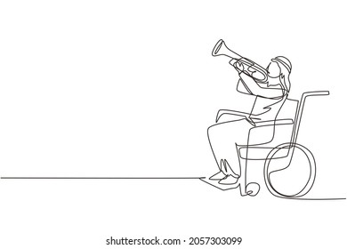 Single one line drawing Arab male in wheelchair playing trumpet during music lesson. Physically disabled. Person in hospital. Rehabilitation center patient. Continuous line draw design graphic vector