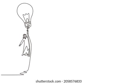 Single one line drawing Arab businessman flying holding idea bulbs. Big idea to solve business problem, invention, innovation to drive business growth. Continuous line draw design vector illustration