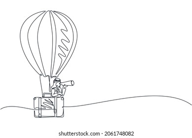 Single one line drawing Arab businessman looking through telescope in hot air balloon briefcase. Man in suitcase balloon search to success. Business travel concept. Continuous line draw design vector