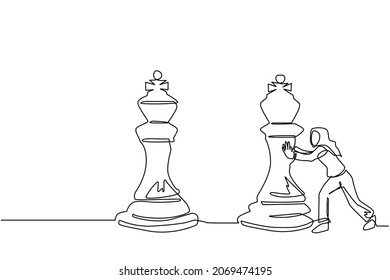 Single one line drawing Arab businesswoman push huge king chess piece. Business strategy and marketing plan. Strategic move in business concept. Continuous line draw design graphic vector illustration