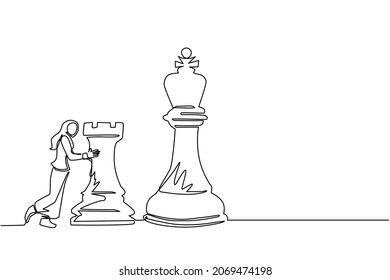 Single one line drawing Arab businesswoman push huge rook chess piece. Business strategy and marketing plan. Strategic move in business concept. Continuous line draw design graphic vector illustration