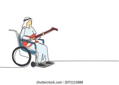 Una sola línea dibujando un árabe sentado en silla de ruedas tocando guitarra eléctrica, cantando canciones. Discapacitado físicamente. Persona en la sala del hospital. Ilustración de líneas continuas moderna de diseño gráfico vectorial