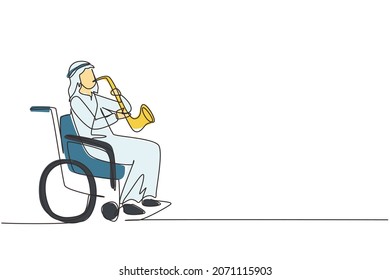 Single one line drawing Arab man sitting in wheelchair plays saxophone. Disability, classical music. Physically disabled. Rehabilitation center. Continuous line draw design graphic vector illustration
