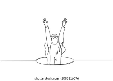 Single one line drawing Arab businessman fell into manhole underground sewer. Man fell into sewage. Depressed and business failure concept. Metaphor. Defeat. Continuous line draw design graphic vector