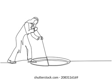 Single one line drawing Arab businessman stretch out rope into hole. Man wondering and looking at big hole, business concept in opportunity, exploration, challenge. Continuous line draw design vector