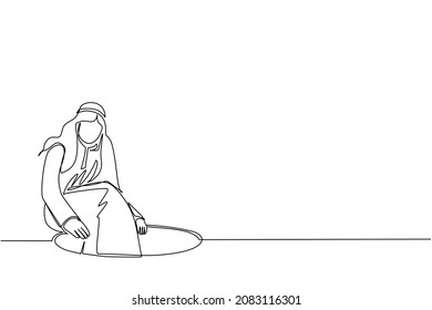 Single one line drawing Arab businessman descends into hole. Concept of failure to take advantage of business opportunities. Depressed and business failure concept. Continuous line draw design vector