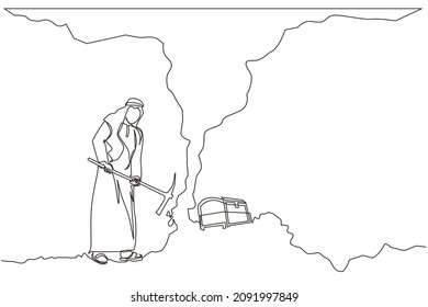 Single one line drawing Arab businessman digging with pickaxe looking for hidden treasures. Man digging and mining for treasure chest in underground tunnel. Continuous line draw design graphic vector