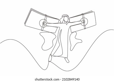 Single one line drawing Arab businessman flying on money wings. Financial freedom concept, depicting man flying on wings made of currency bills. Continuous line draw design graphic vector illustration