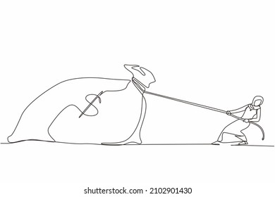 Una sola línea que dibuja a una mujer de negocios árabe está luchando por sacar una gran bolsa de dinero porque es demasiado pesada. Competencia corporativa o desafío comercial. Ilustración vectorial de dibujo de línea continua