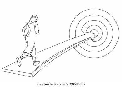 Single one line drawing Arab businessman running on arrow to center of dartboard. Business Concept of targeting and customer. Company vision mission. Continuous line design graphic vector illustration