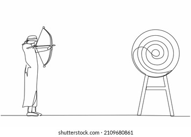 Single one line drawing Arab businessman trying to shoot target with blindfold. Trying to achieve goal without vision. Blindfold man holding bow arrow looking for target. Continuous line design vector