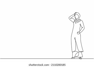 Single one line drawing Arab businesswoman confused with hand on head for mistake, remember error. Forgot, bad memory. Headache pain or stress. Continuous line draw design graphic vector illustration