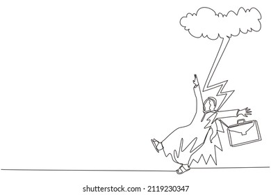 Single one line drawing Arab businessman struck by lightning or thunder from dark cloud. Bad luck, misery, unfortunate, unlucky, disaster, risk, and danger. Continuous line draw design graphic vector