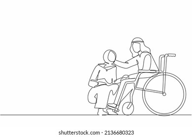 Single one line drawing Arab woman kneeling before man in wheelchair. Disabled husband sitting in wheelchair holding wife head in hospital ward. Continuous line draw design graphic vector illustration