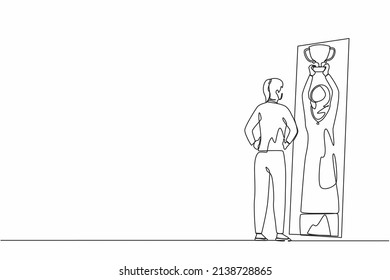 Single one line drawing Arab girl standing in front of mirror looking at her reflection, imagine herself successful with lift up trophy cup. Narcissistic woman. Continuous line design graphic vector