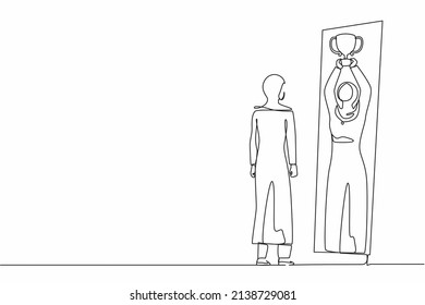 Single one line drawing Arab businesswoman looking herself happy and successful in mirror reflection with lifting up trophy cup. Success in business and winner. Continuous line design graphic vector