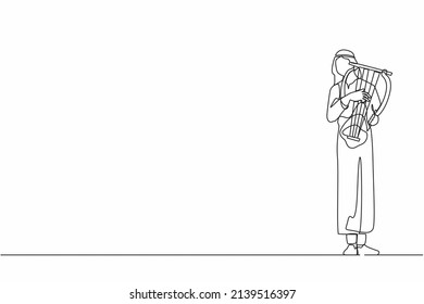 Dibujo de una sola línea de un músico árabe tocando la letra musical. La orquesta musical clásica es un artista con instrumento musical. Un músico profesional actúa. Vector gráfico de diseño de trazos de línea continua