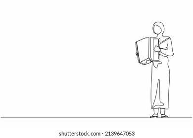 Single one line drawing Arab woman musician playing accordion. Female performer plays acoustic musical instrument. Accordionist perform playing music instrument. Continuous line design graphic vector