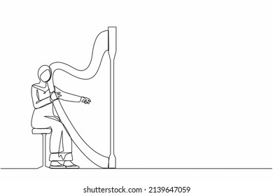 Single one line drawing Arab woman musician playing harp. Classical music performer character with musical instrument. Female sitting, playing harp. Continuous line design graphic vector illustration